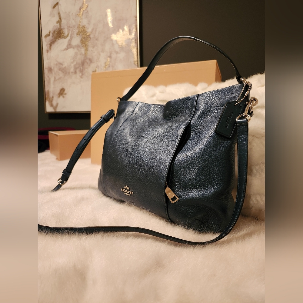 Coach Pebble Leather Shoulder Bag Metallic BLUE